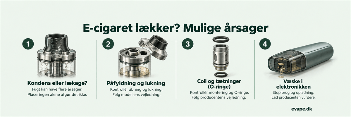 E-cigaret l&aelig;kker: fire kontrolpunkter om kondens, p&aring;fyldning, coil og O-ringe samt v&aelig;ske i elektronikken.