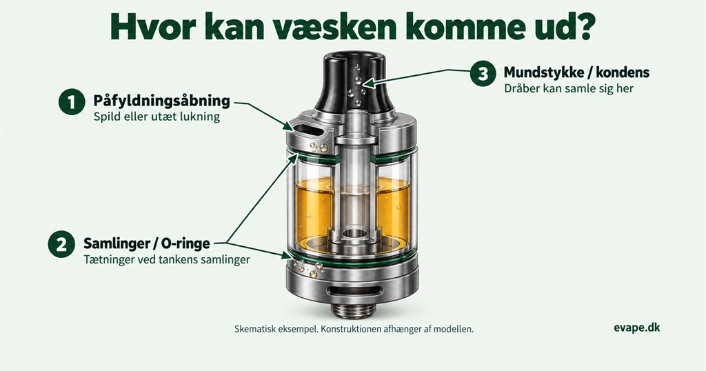 Tank med synlig væske og pile til påfyldningsåbning, samlinger med O-ringe og kondens i mundstykket.