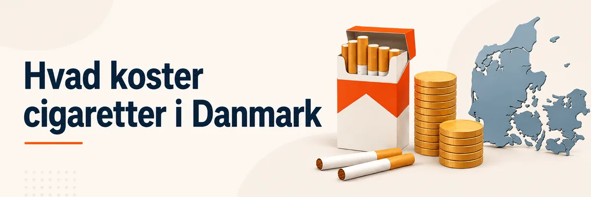 Cigaretpakke og danske kroner der illustrerer prisen p&aring; cigaretter i Danmark